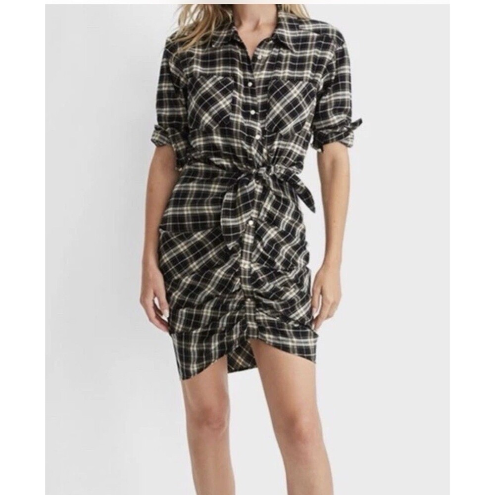 Veronica Beard Sierra Plaid Flannel Ruched Shirt Dress Womens Size 4 MSRP $498